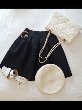 FSR Black Bandage Textured Pleated A-Line Skirt Scalloped Waistline/ Hem